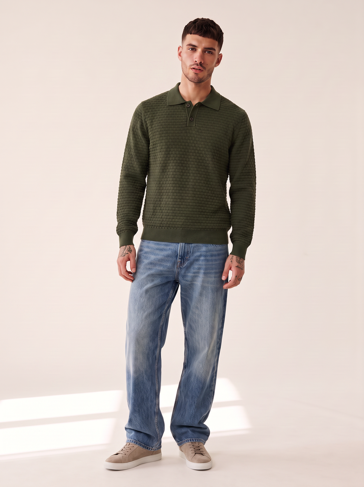 CHECK STRUCTURE KNITTED LS POLO - LES DEUX – RIFLE GREEN - Full Front Model