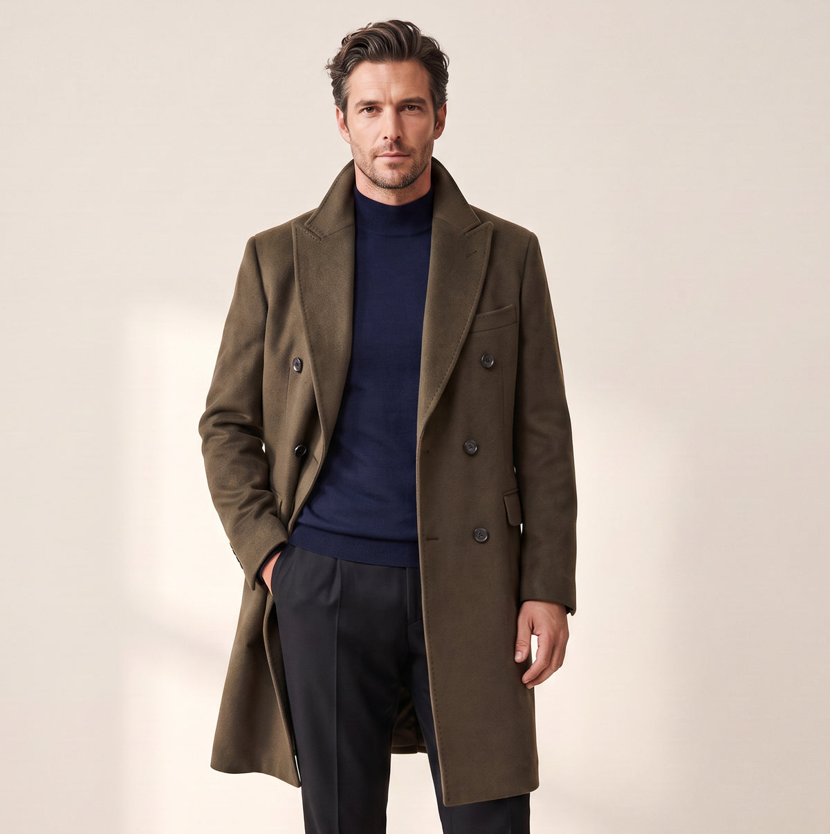 Sultan Double-Breasted Coat – SAND – DARK OLIVE - Hero Front