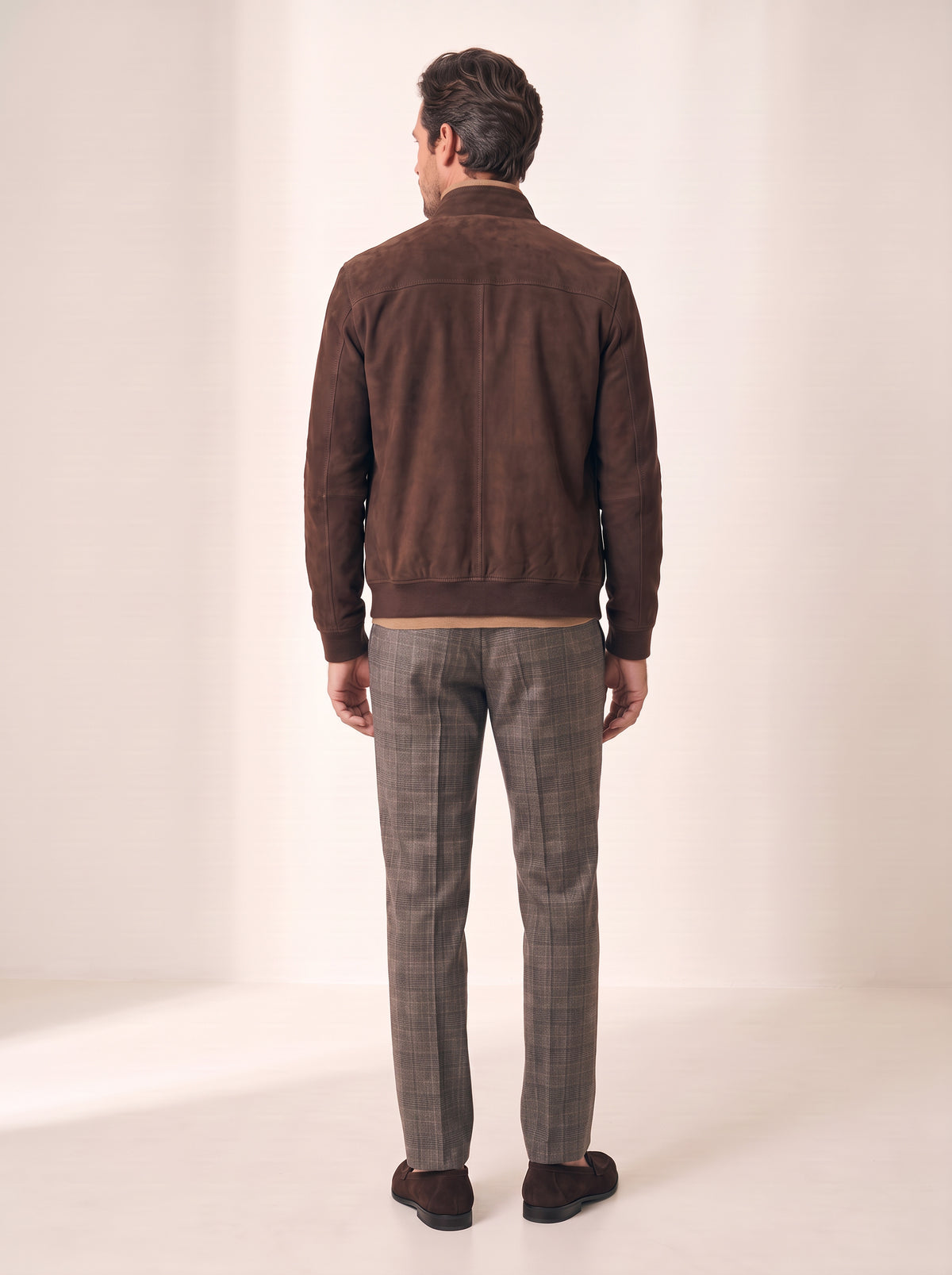 Brandon Glen-Plaid Trousers – SAND – BROWN GREY - Full Body Back