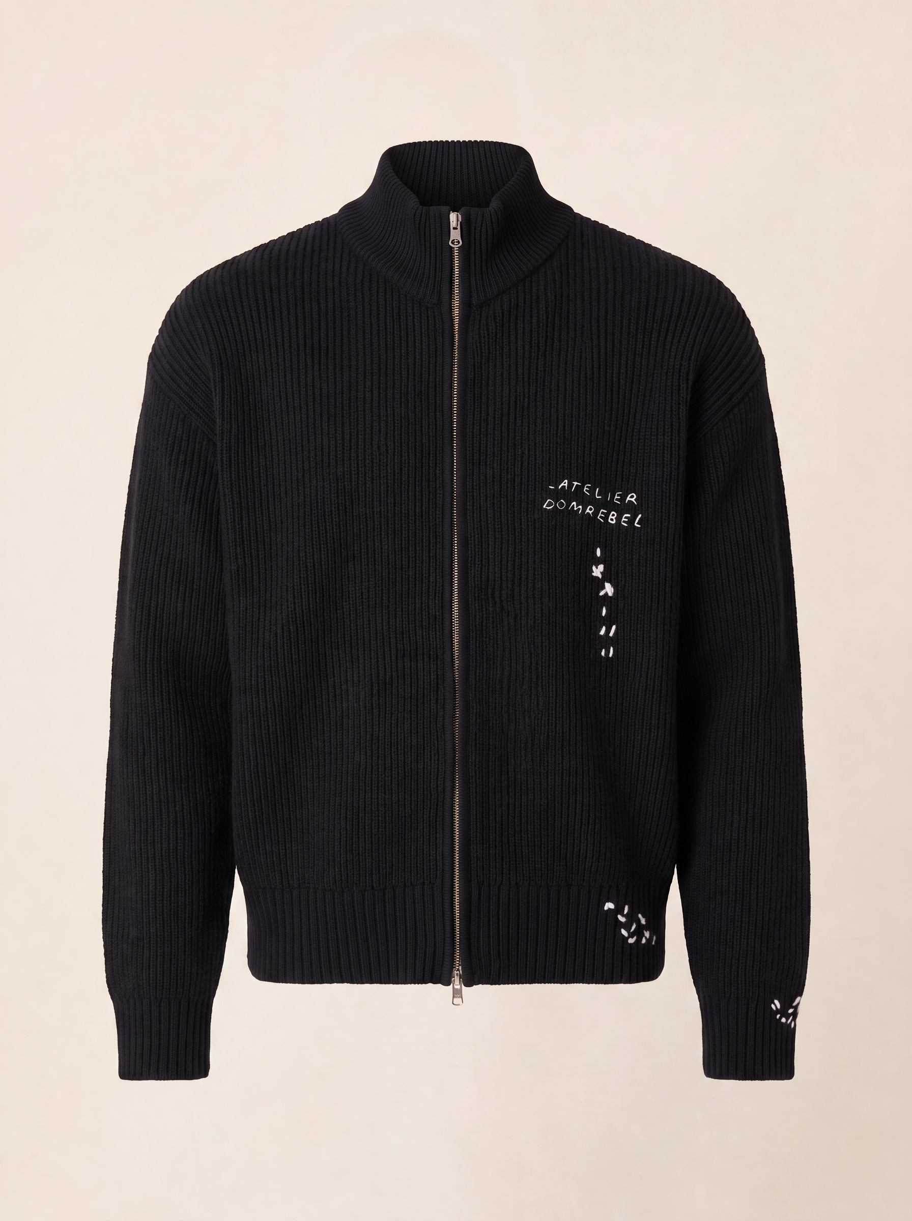 DADDY KNIT ZIP CARDIGAN - DOM REBEL – BLACK - Ghost Mannequin Front