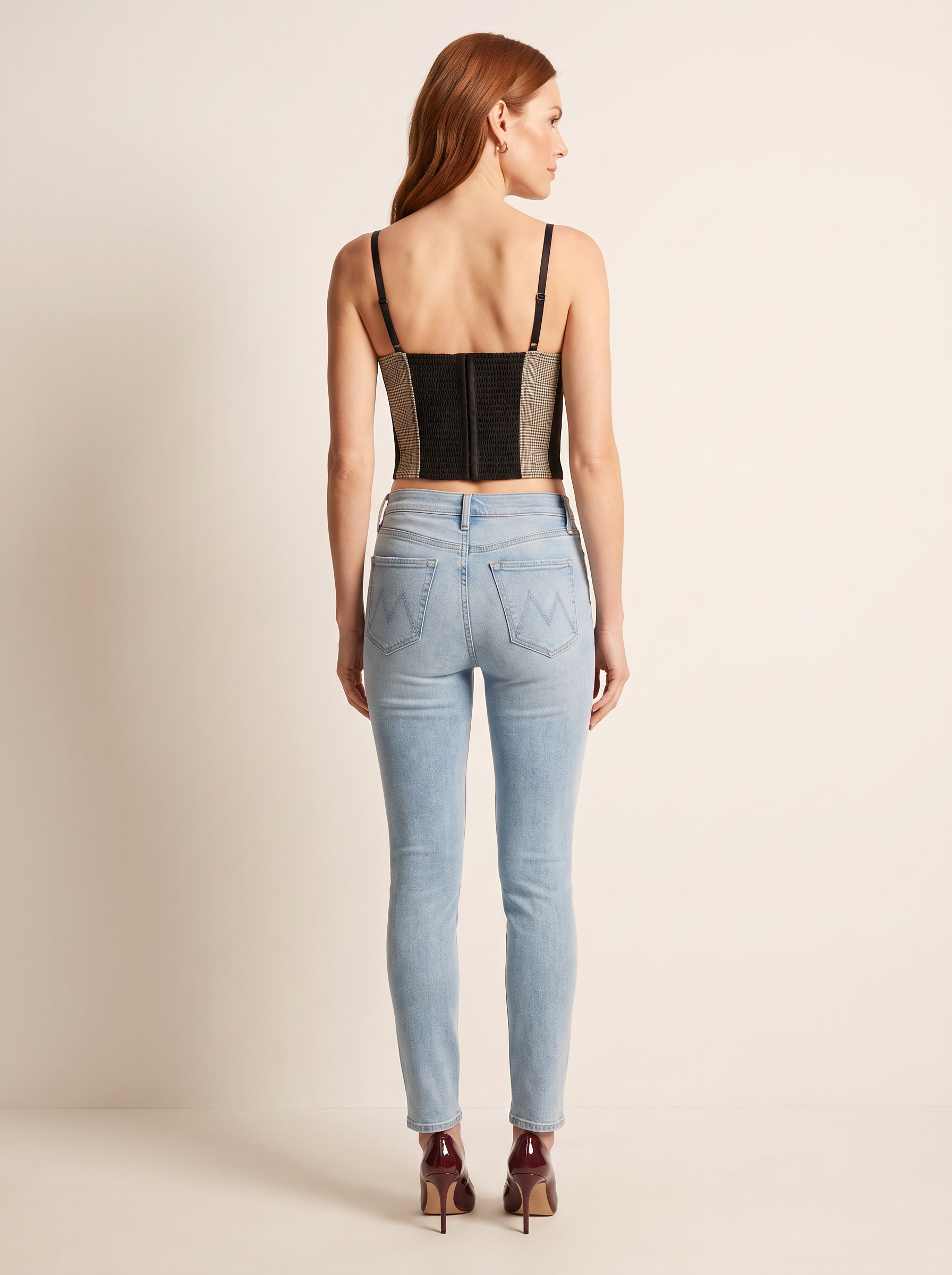 Sonya Bustier – BEIGE/BLACK LUREX GLEN PLAID - Full Back Model