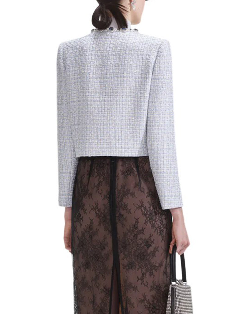 Cropped Powdered Blue Tweed Blazer - SELF PORTRAIT