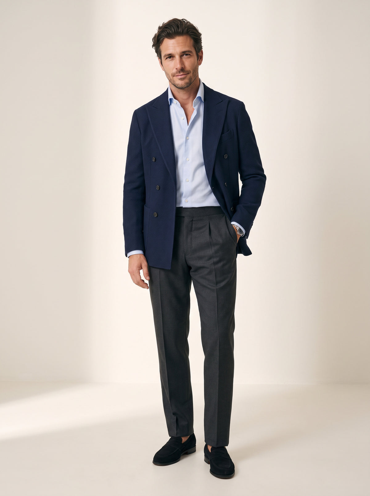 Gordon Textured Shirt – SAND – LIGHT BLUE - Full Body Front