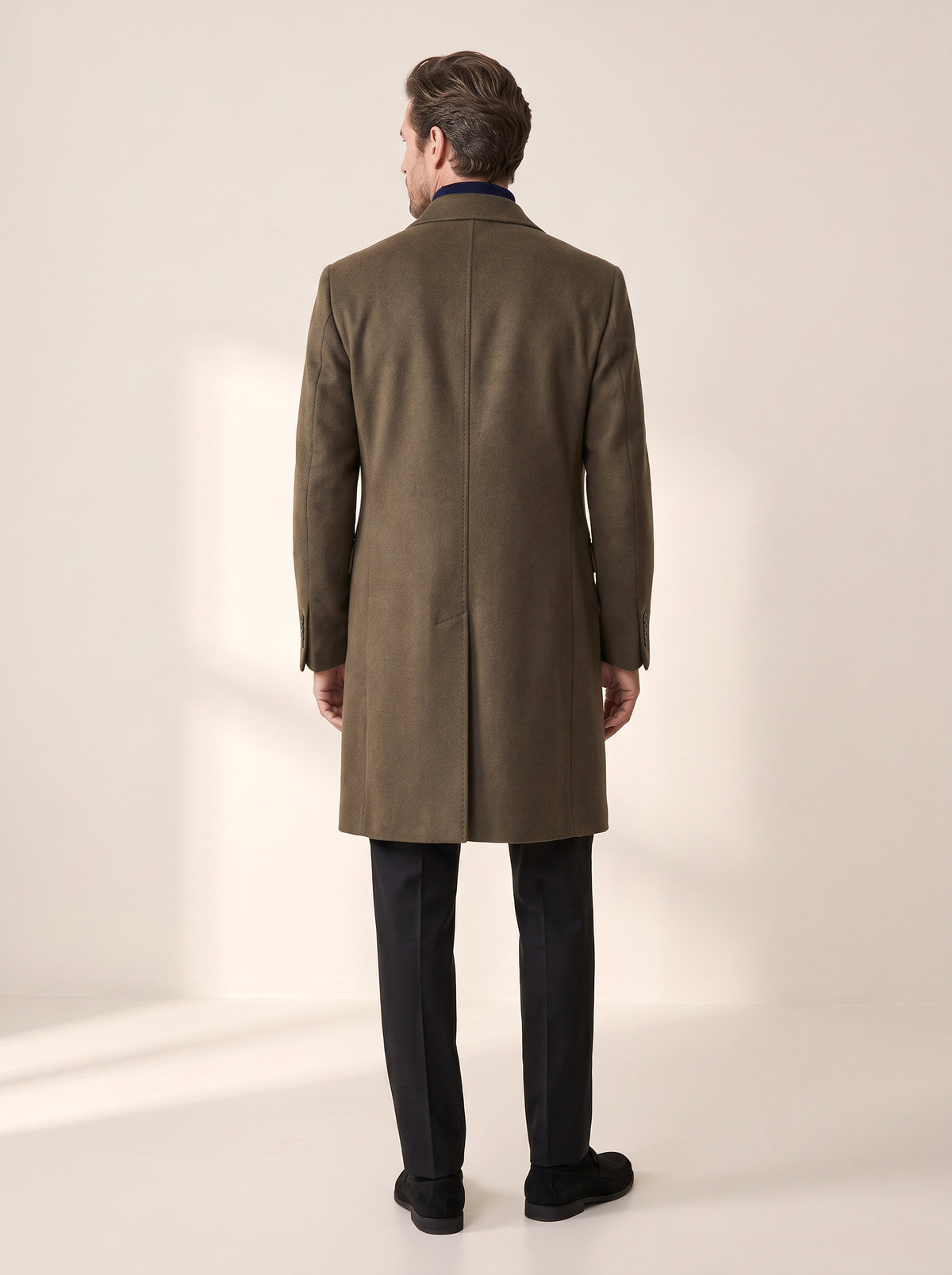 Sultan Double-Breasted Coat – SAND – DARK OLIVE - Full Body Back
