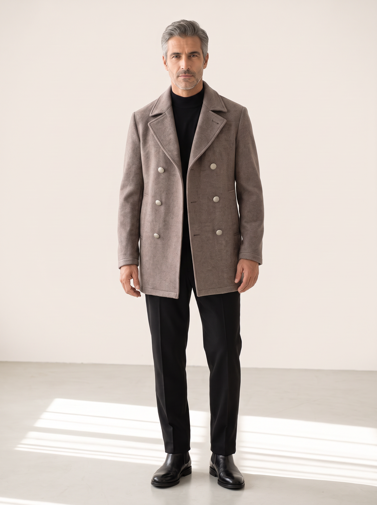 WOOL-BLEND DOUBLE-BREASTED COAT – TAUPE - Full Body Front