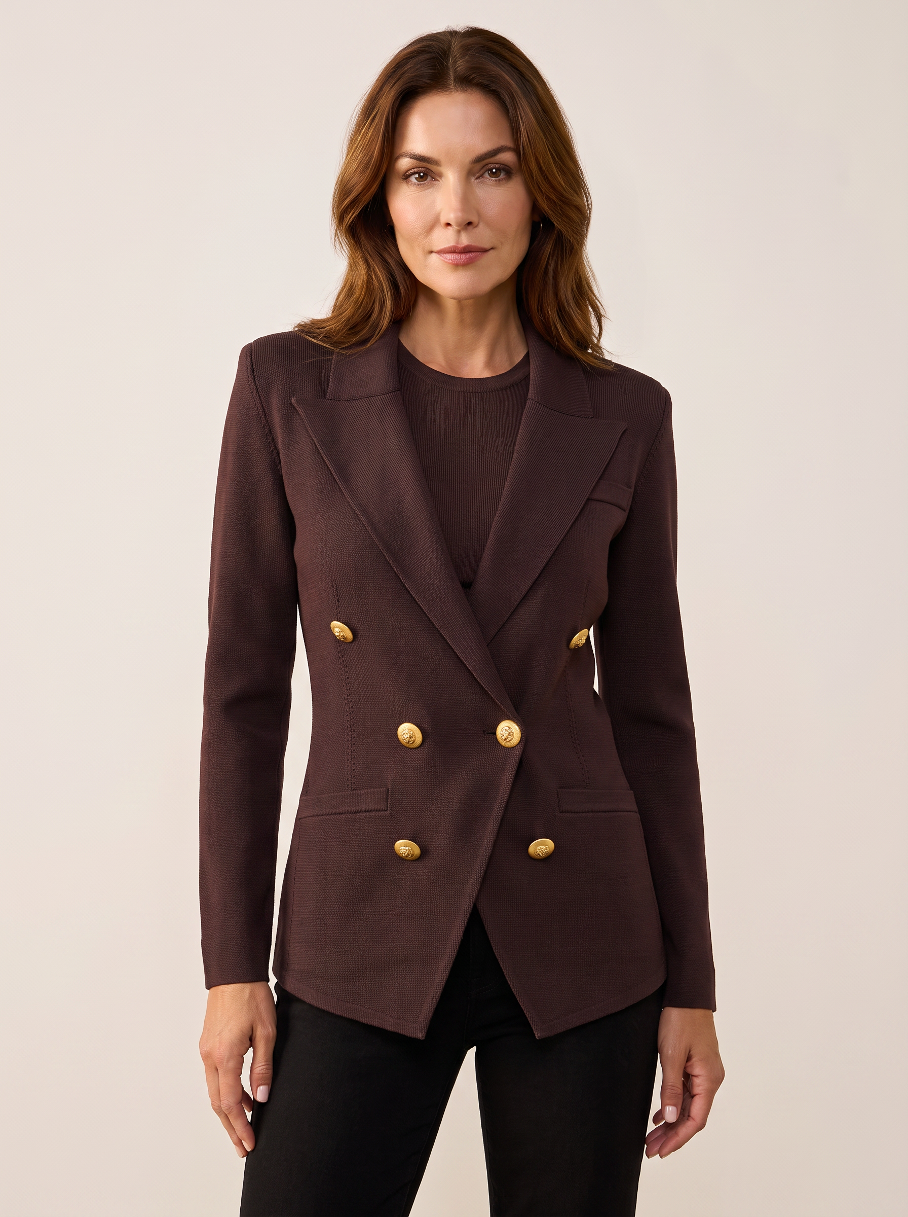 Amelia Knit Blazer – DARK JAVA/GOLD - Hero Front