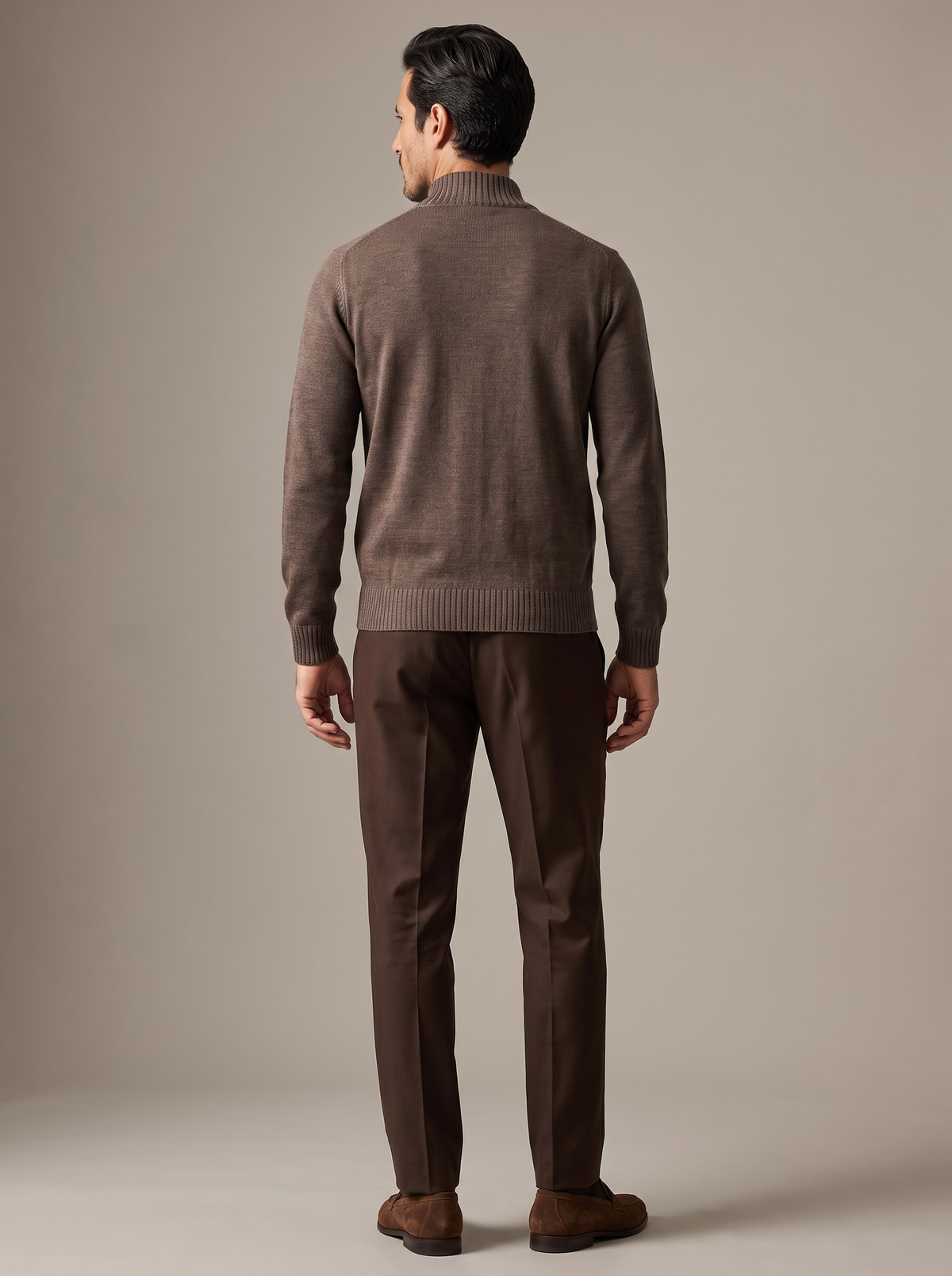 FERRANTE ESSENTIAL MERINO WOOL FULL-ZIP KNIT – WARM BROWN - Full Back Model