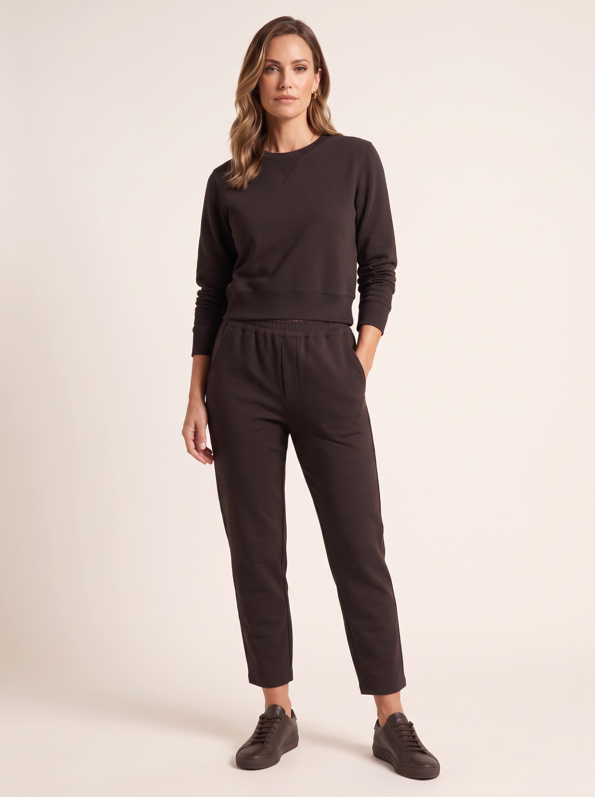 Brushed Pima Cotton Tapered Pant – MOLASSES - Full Front Model