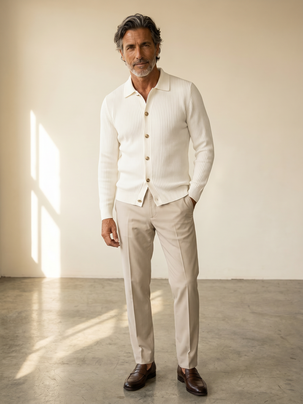Ferrante Knit Shirt Cardigan – White - Full Body Front