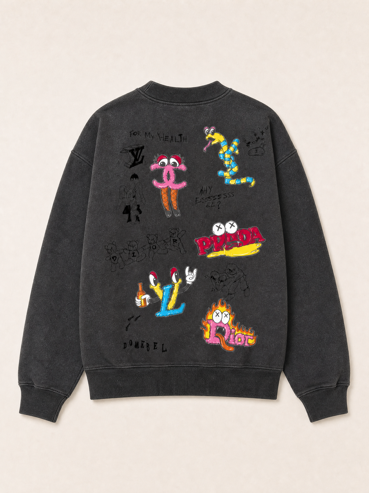 LUXURY SKETCH SWEATSHIRT - DOM REBEL – FADE BLACK - Ghost Mannequin Back