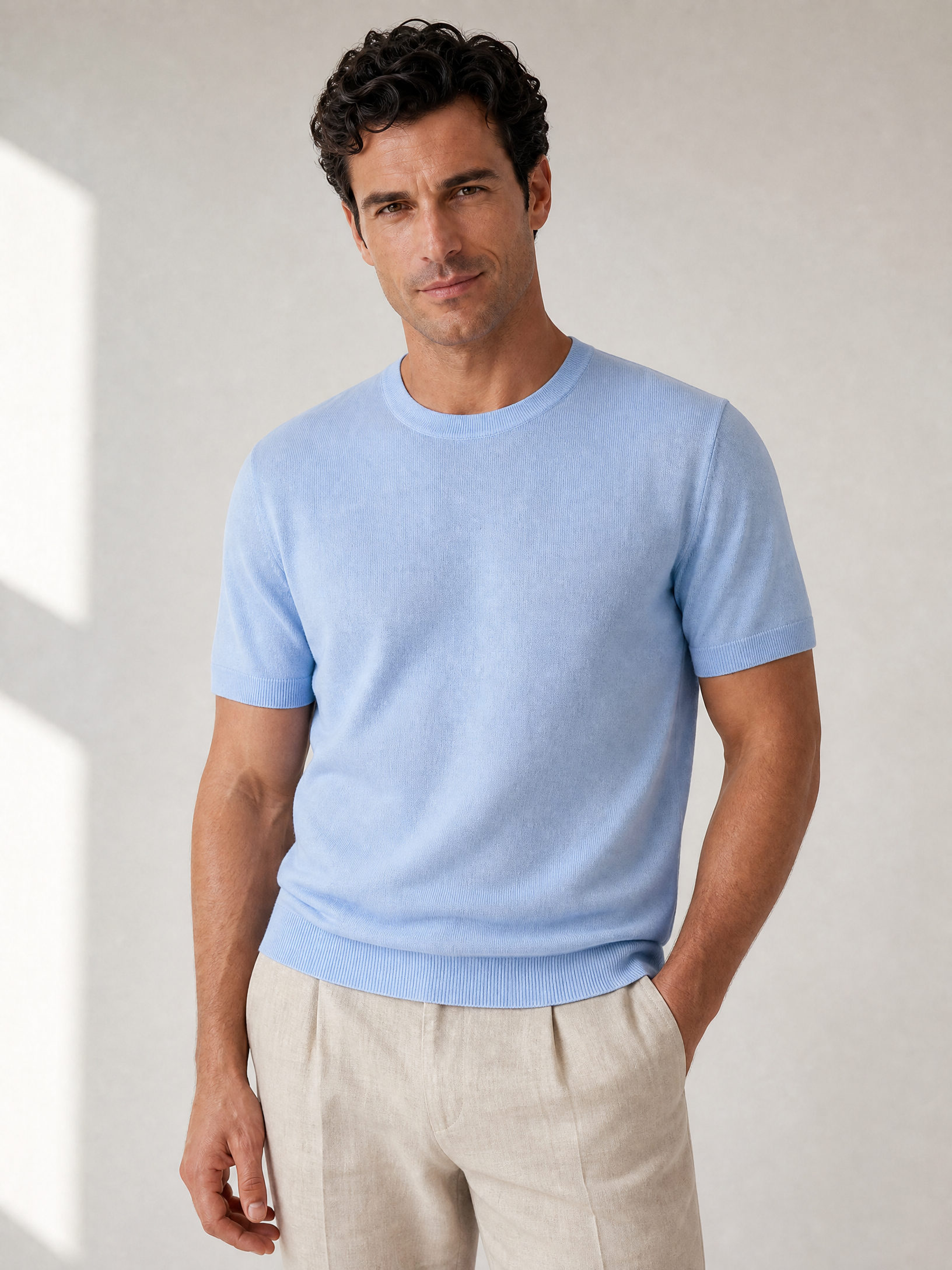 SAND Linen Crewneck T-Shirt – SKY - Hero Front