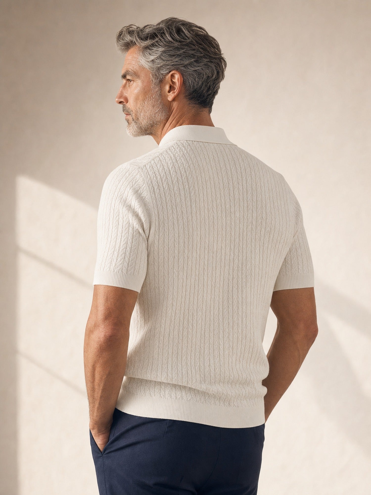 Gran Sasso Cotton Cable Knit Full-Button Polo – White - Detail Back