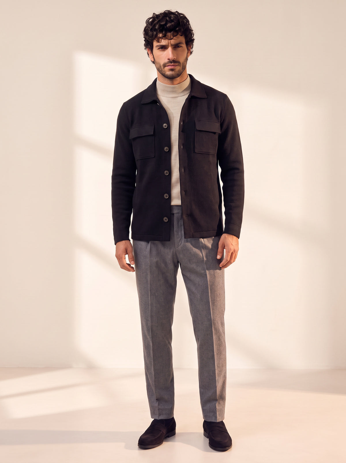Gran Sasso Milano-Rib Shirt Jacket — Black - BLACK - Full Front Model