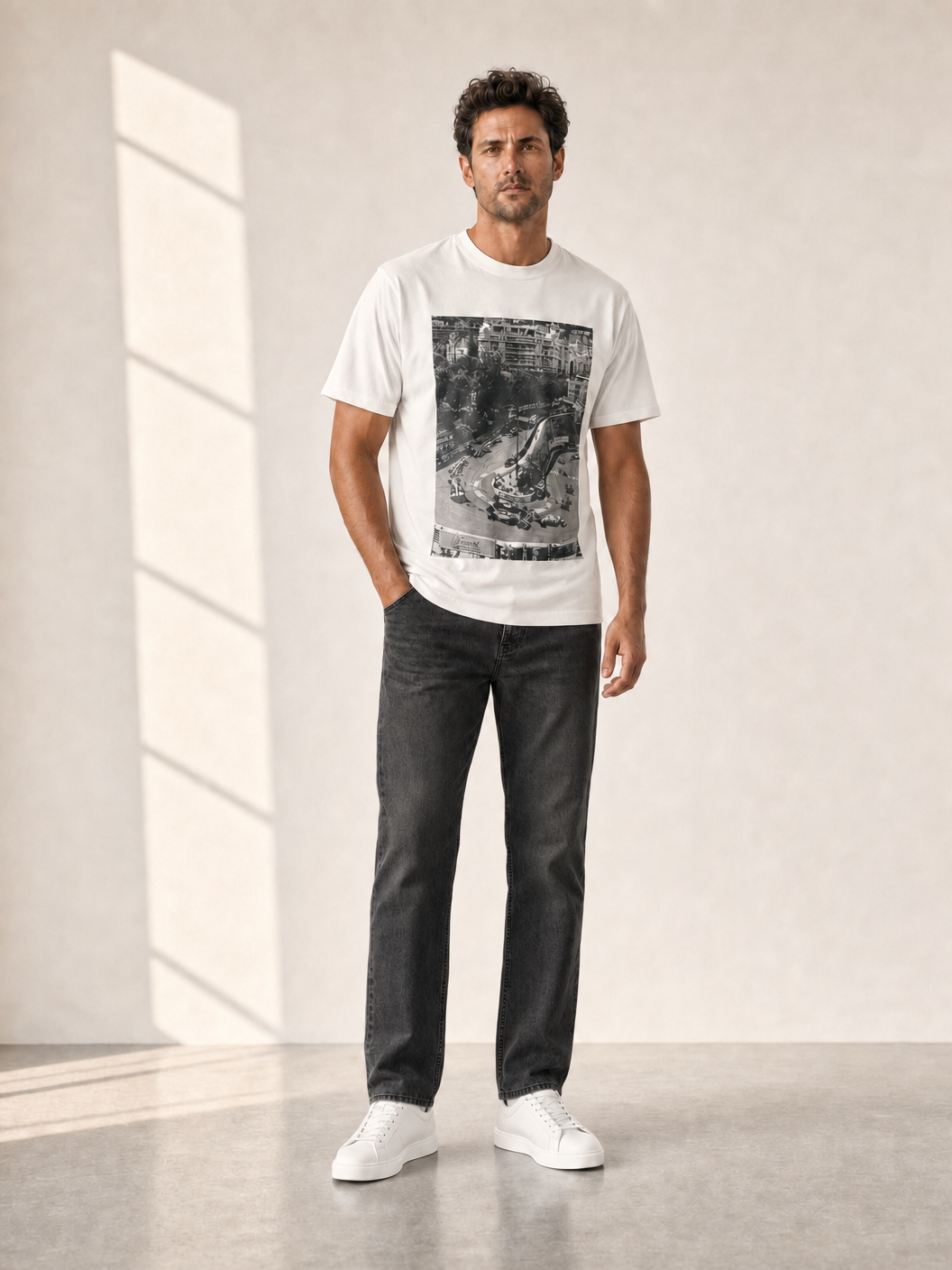 Bastille Direct Printed T-Shirt Curve — White — On Model Front