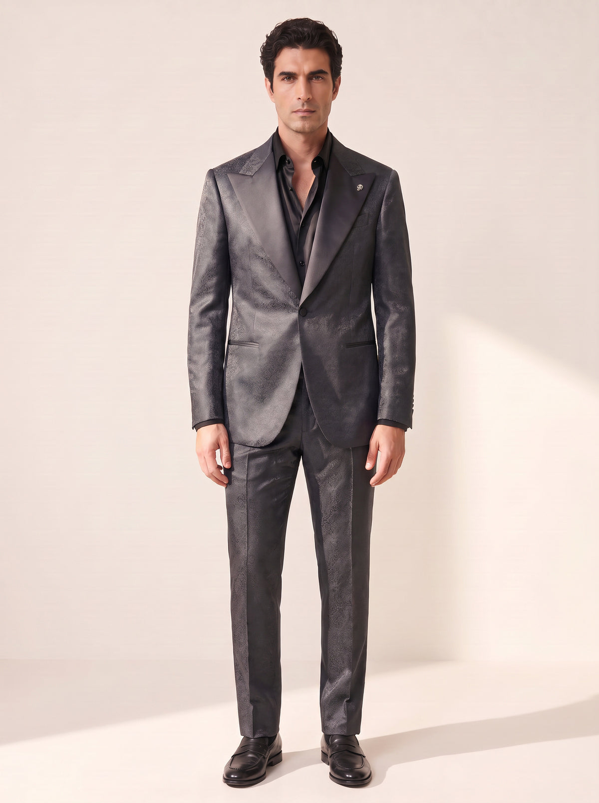 CHARCOAL JACQUARD PEAK LAPEL TUXEDO - GABRIELE PASINI – CHARCOAL - Full Front Model