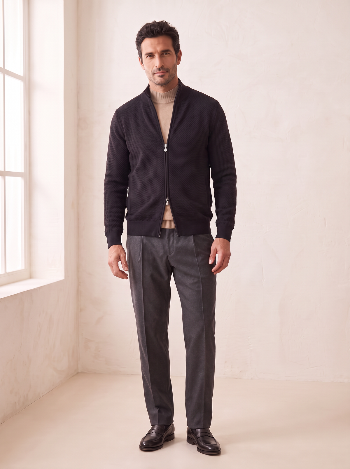 RICE STITCH FULL-ZIP CARDIGAN – BLACK - Full Front Model