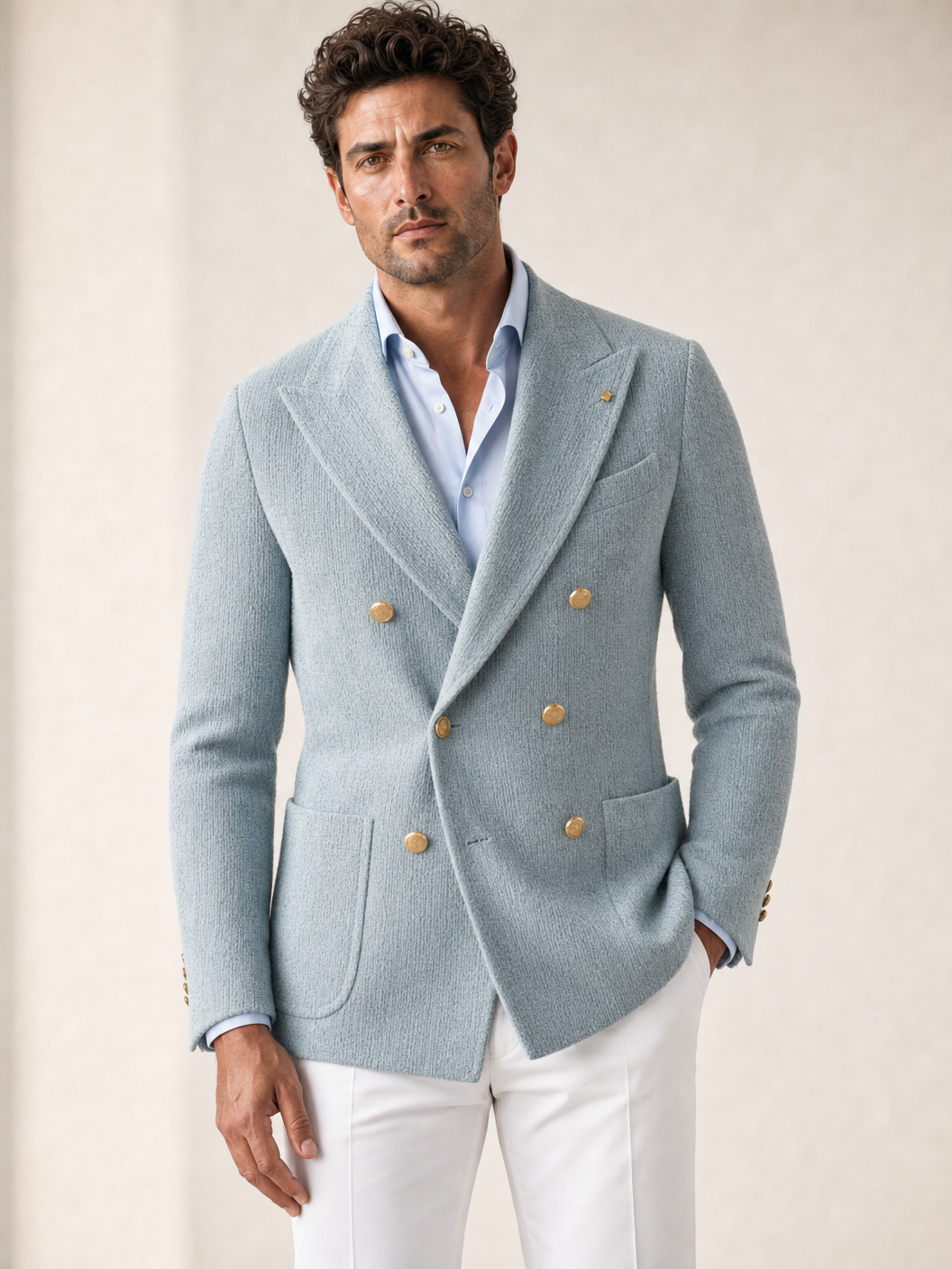 Tagliatore Knit DB Blazer — Teal — Detail Front