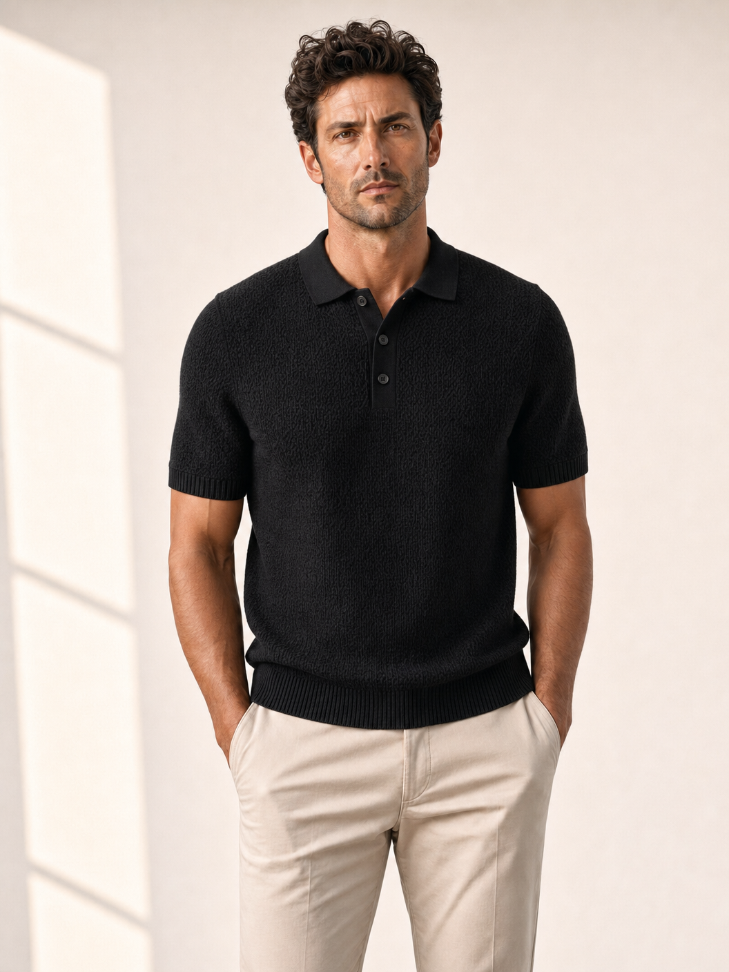 Ferrante Textured Polo – Black - Detail Front