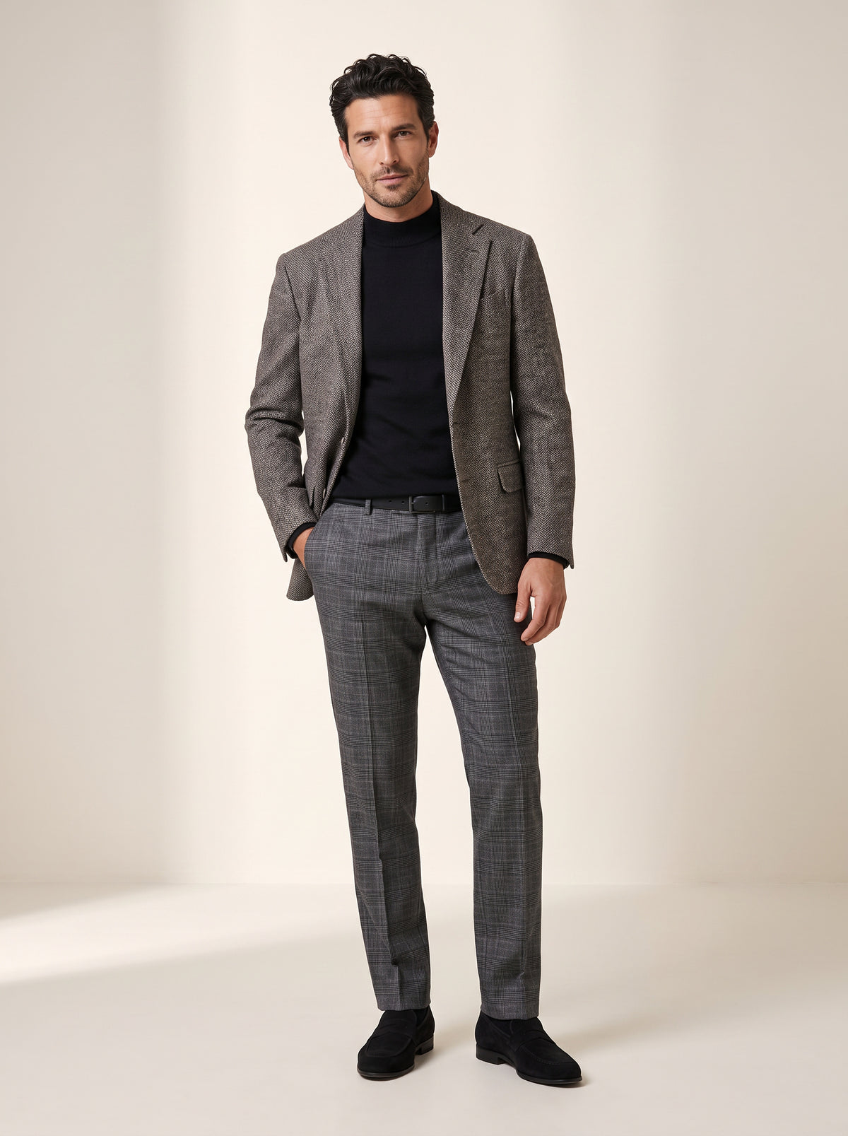 Brandon Glen-Plaid Trousers – SAND – DARK GREY - Full Body Front