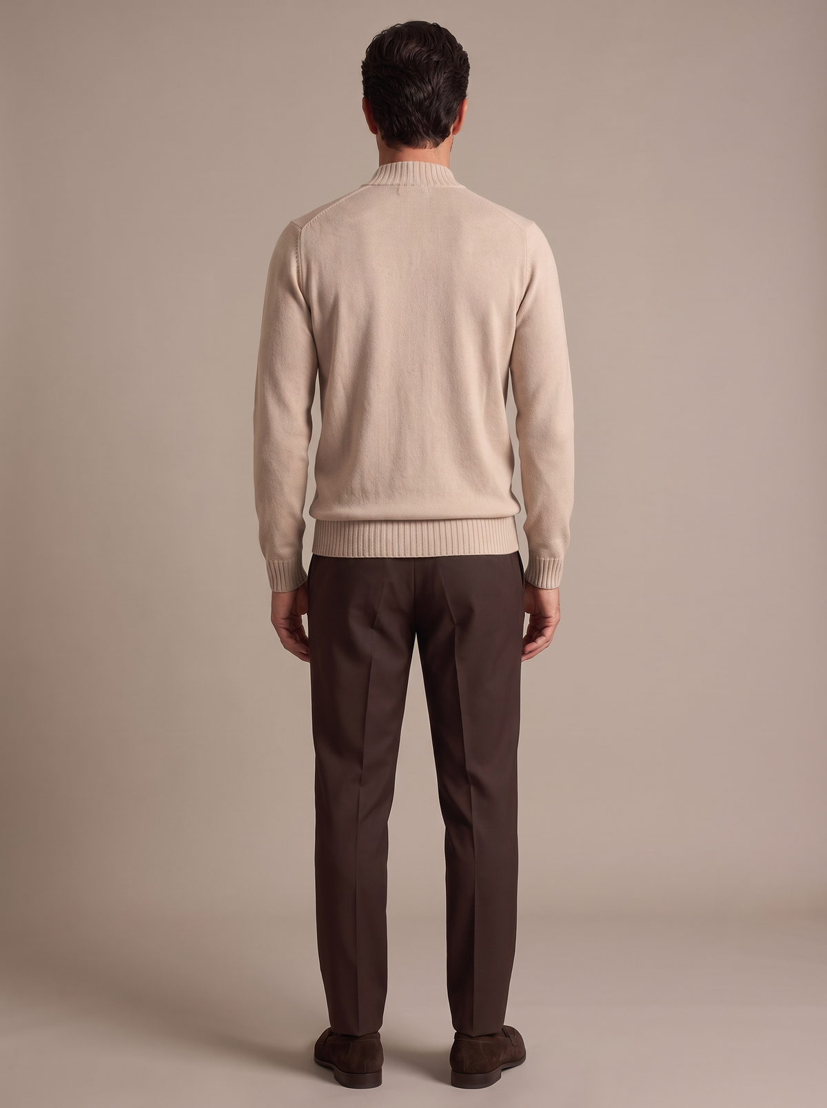 FERRANTE ESSENTIAL GARMENT-DYED MERINO MOCK NECK – LIGHT SANDY BEIGE - Full Back Model