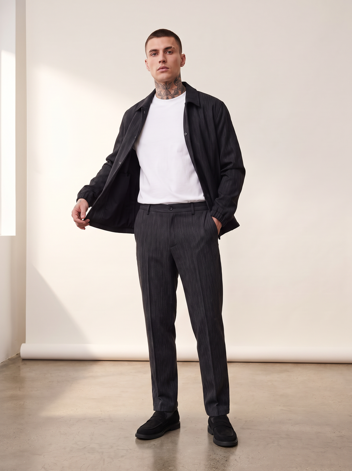 HERRINGBONE REG SUIT PANTS - LES DEUX – BLACK - Full Front Model