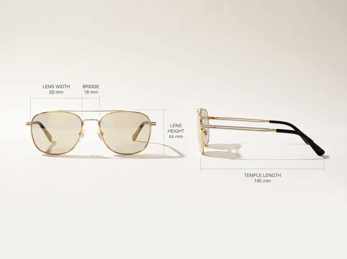 Vintage Frames Detroit Player XL Double Rope Edition 18KT Two-Tone Gold – Clear Flash Gold – YELLOW / WHITE GOLD / CLEAR FLASH GOLD - Measurements