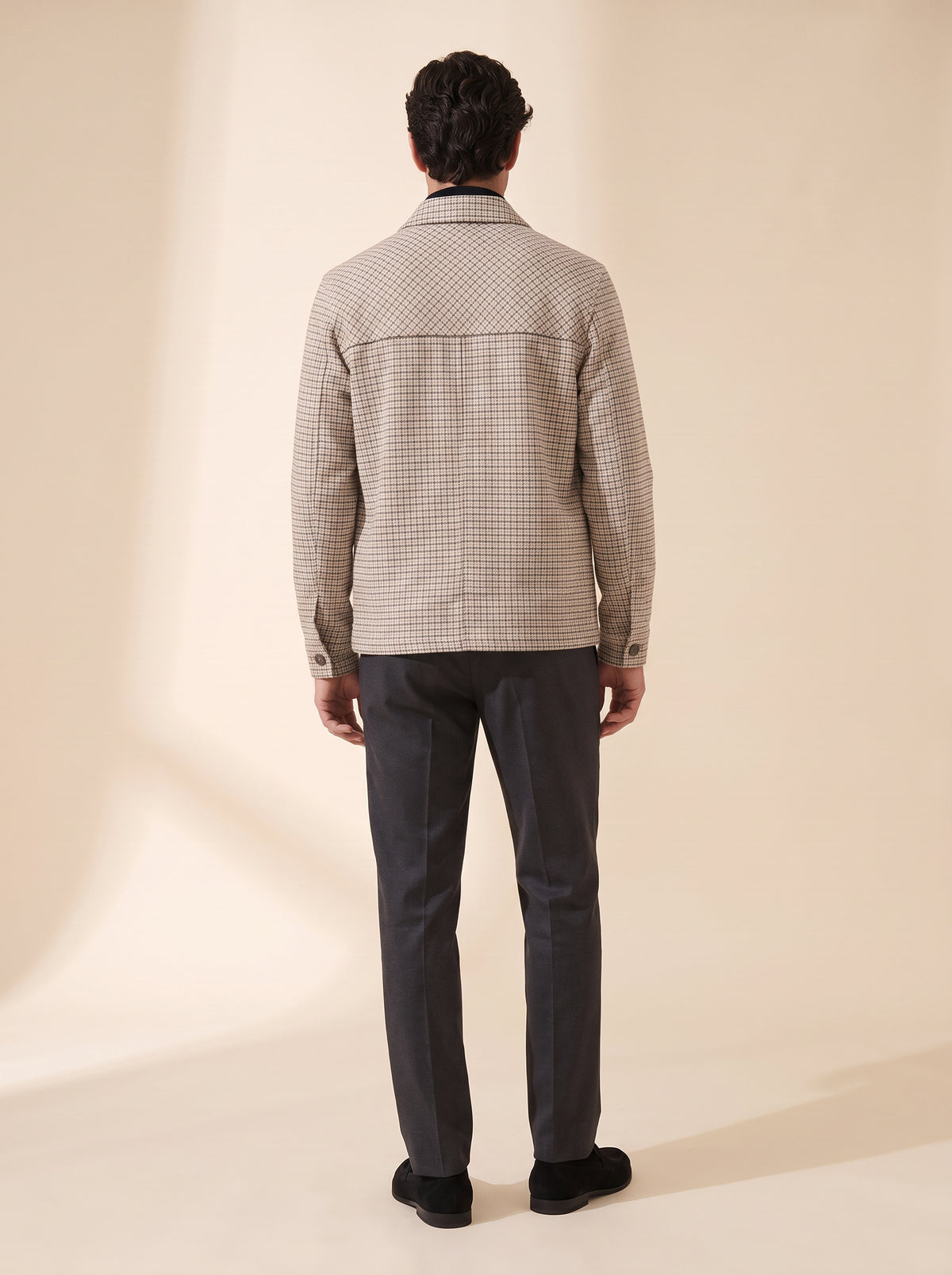 Aiden Micro-Check Zip Shirt Jacket – SAND – CREAM CHARCOAL - Full Body Back