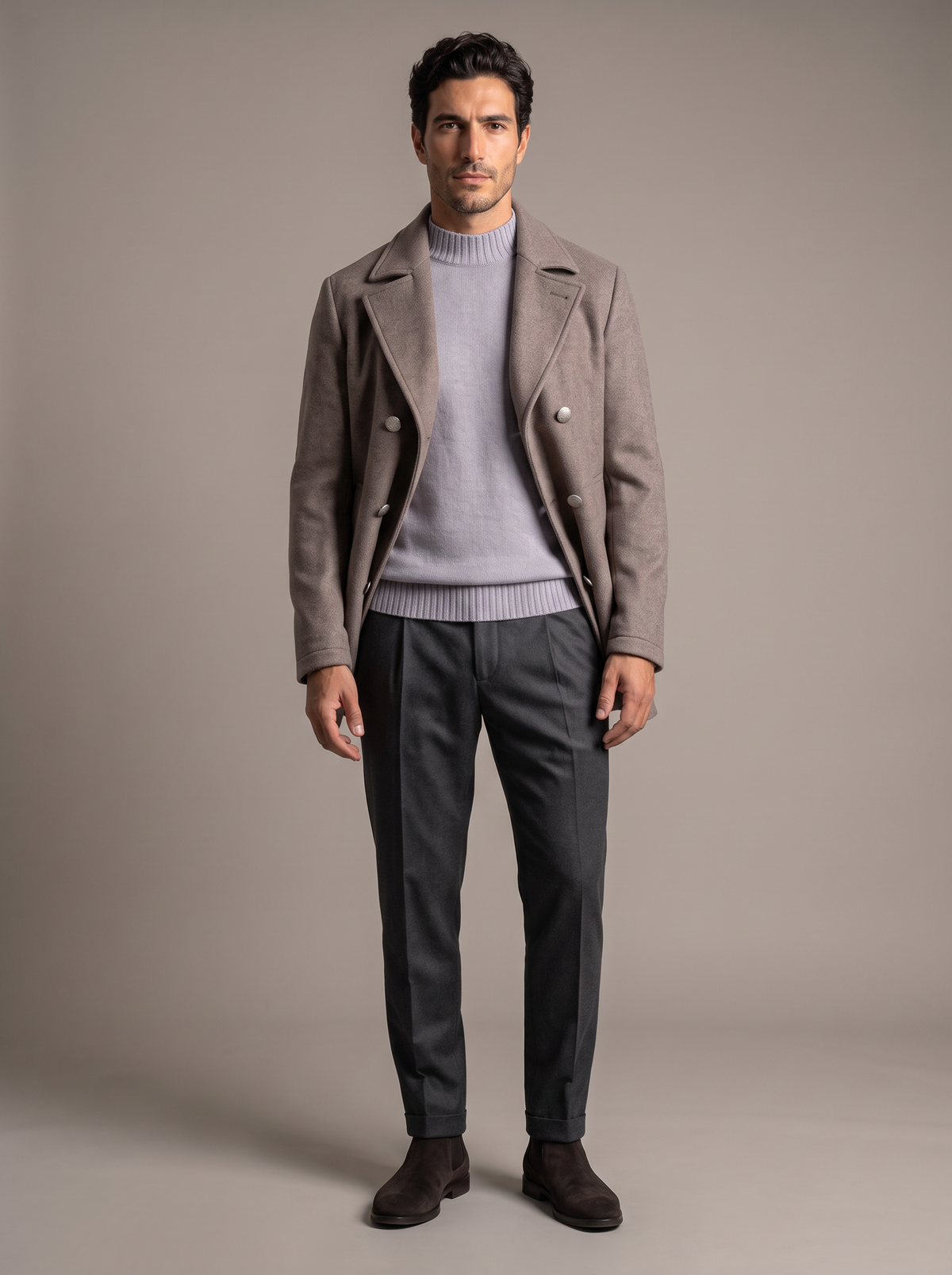 FERRANTE ESSENTIAL GARMENT-DYED MERINO MOCK NECK – COOL LIGHT GREY LILAC - Full Front Model