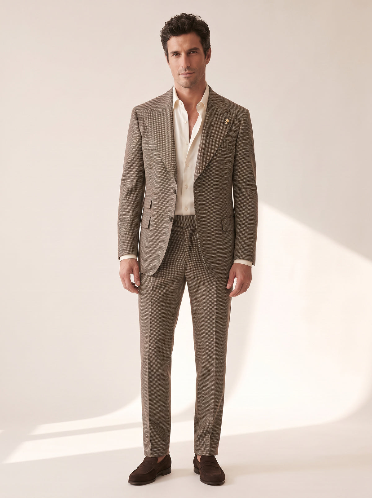 TAUPE MICRO-DOT SINGLE-BREASTED PEAK LAPEL SUIT - GABRIELE PASINI – TAUPE / IVORY - Full Front Model