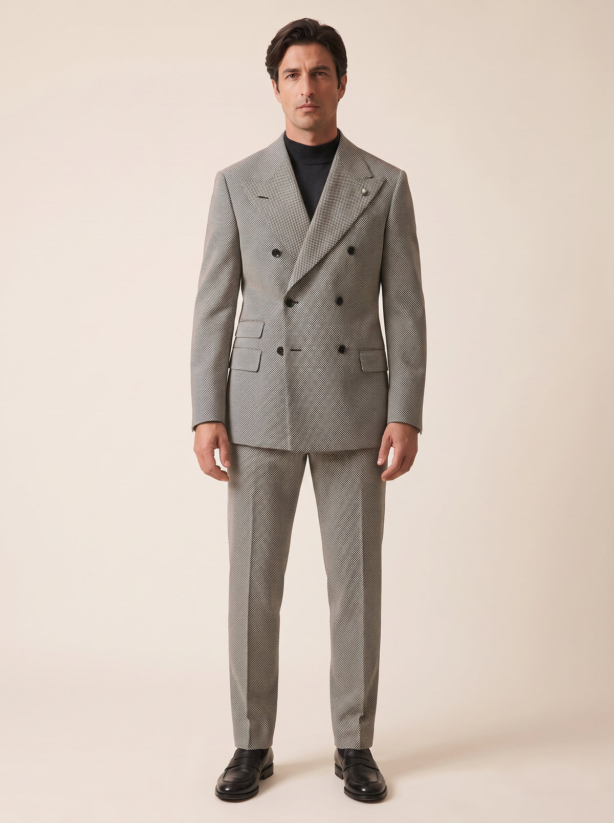 MICRO-DOT DOUBLE-BREASTED PEAK LAPEL SUIT - GABRIELE PASINI – BLACK / IVORY - Full Front Model