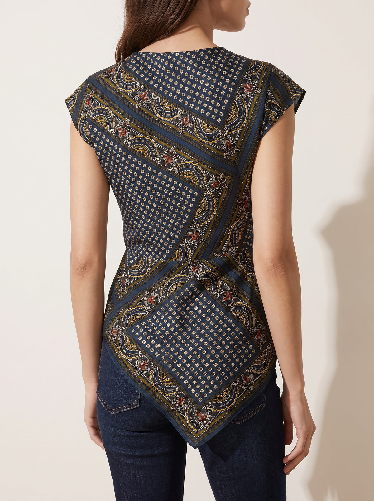 Yvonne Asymmetric Scarf Top — Heritage Navy Multi – HERITAGE NAVY MULTI - Hero Back