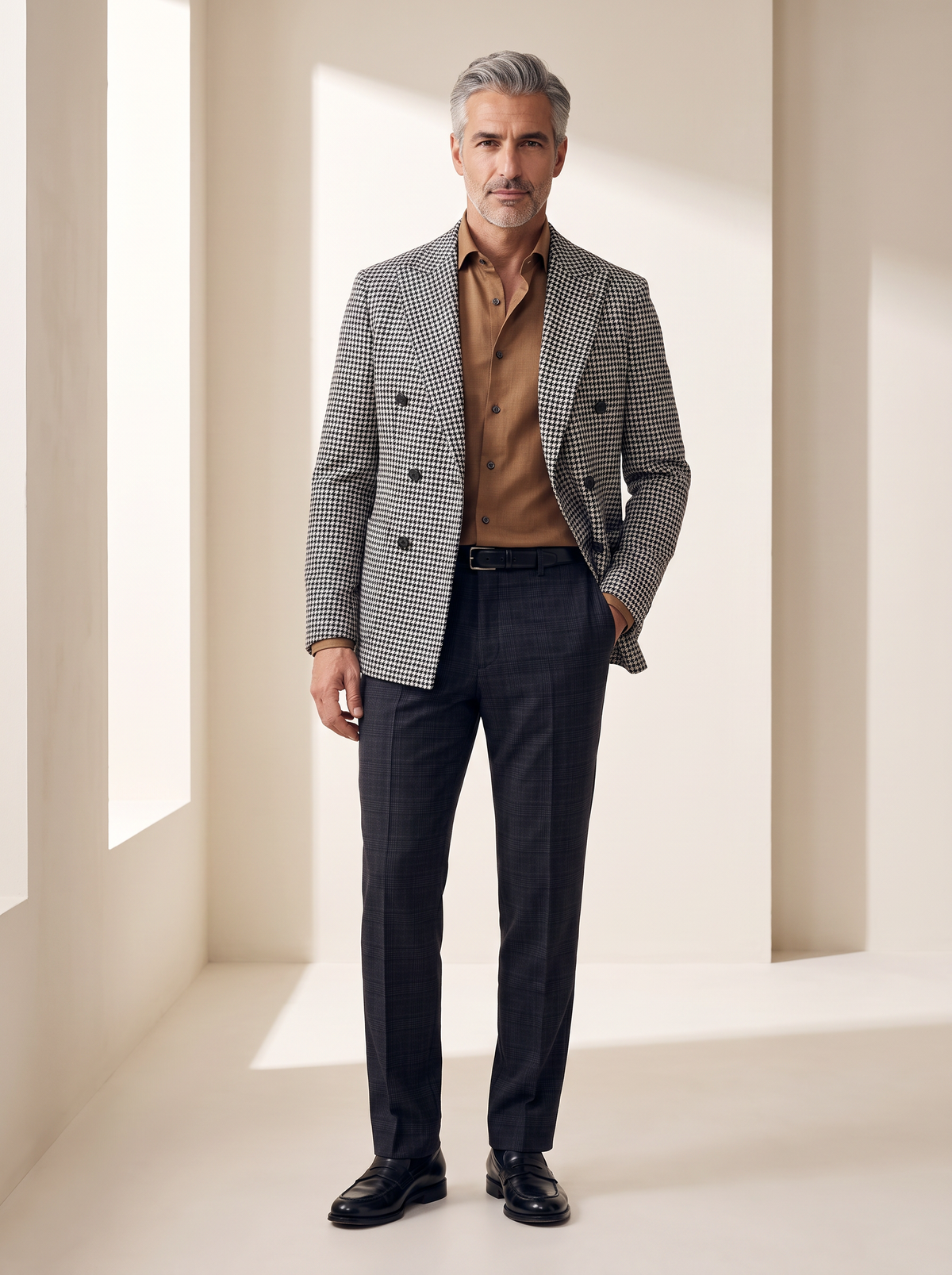 CRAIG STR PERFORMANCE STRETCH TROUSER – CHARCOAL NAVY GLEN PLAID - Full Body Front