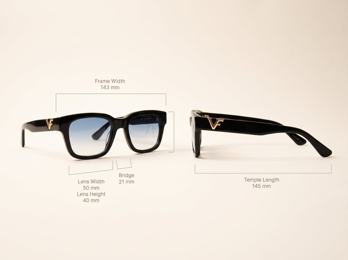 Vintage Frames Bowie Black and Clear Acetate – Blue Gradient Flash Blue – GLOSSY BLACK / BLUE GRADIENT FLASH BLUE - Measurements