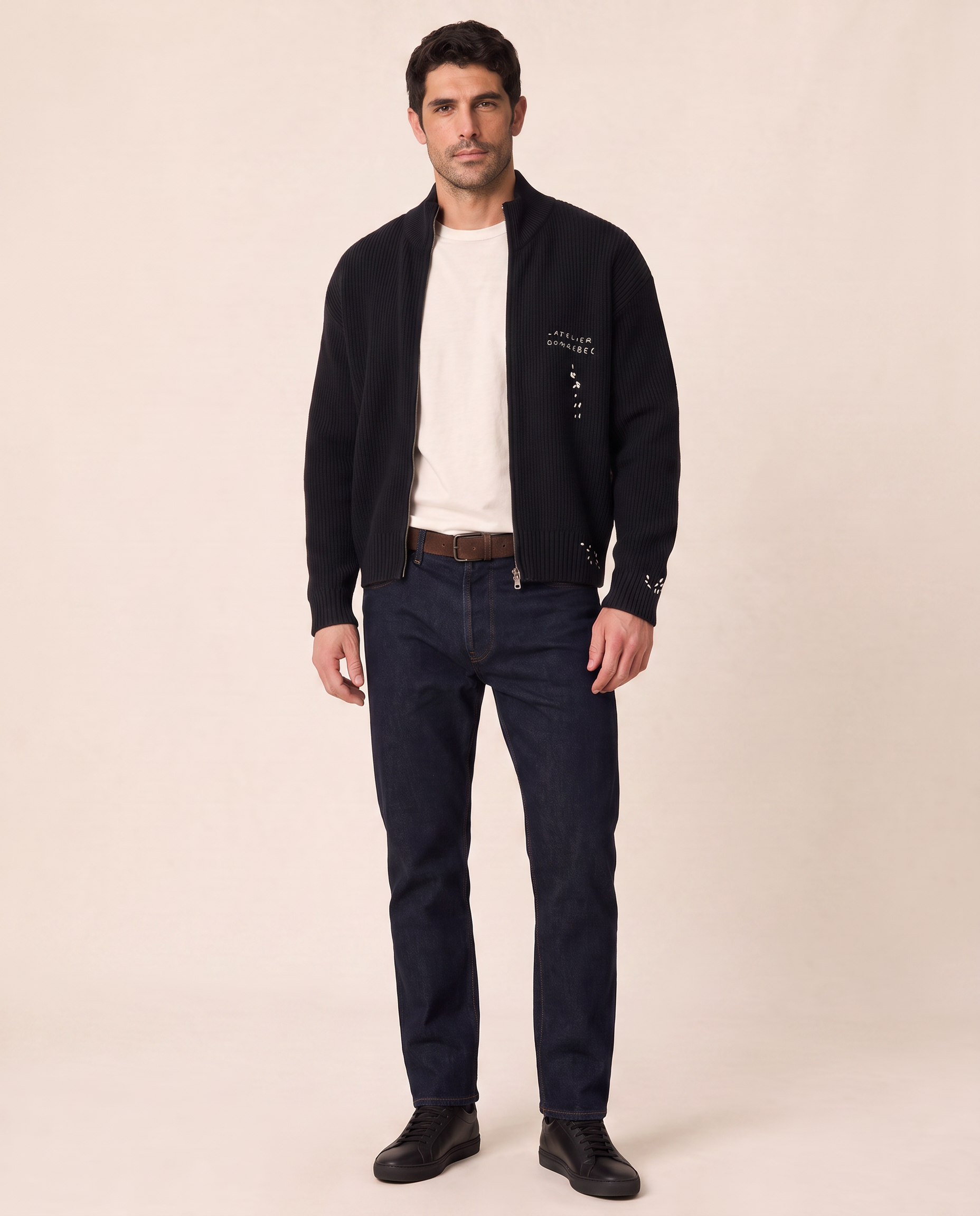 DADDY KNIT ZIP CARDIGAN - DOM REBEL – BLACK - Full Front Model