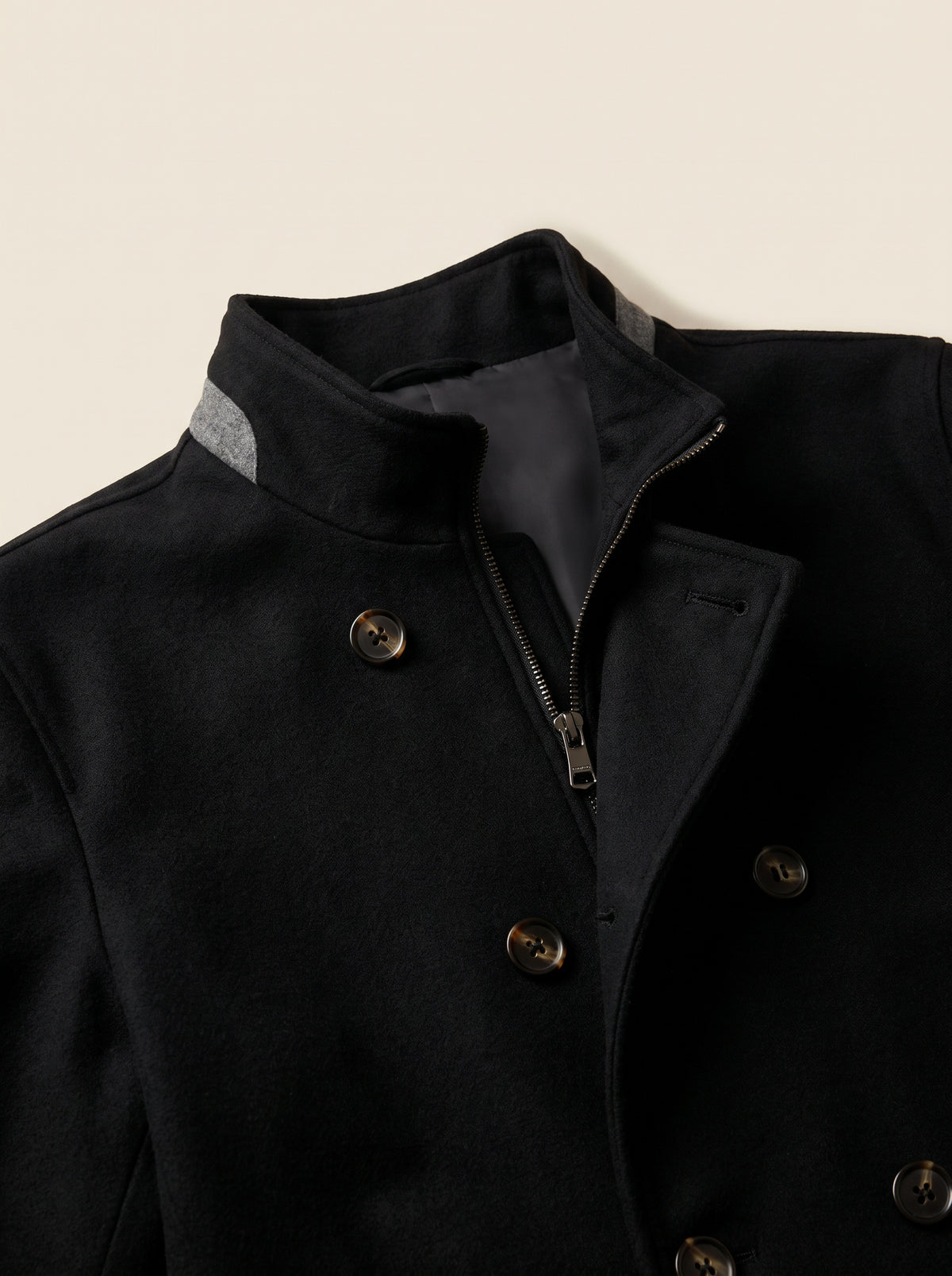 FRADI Kyran Stand-Collar Coat – BLACK - Collar Closure Detail