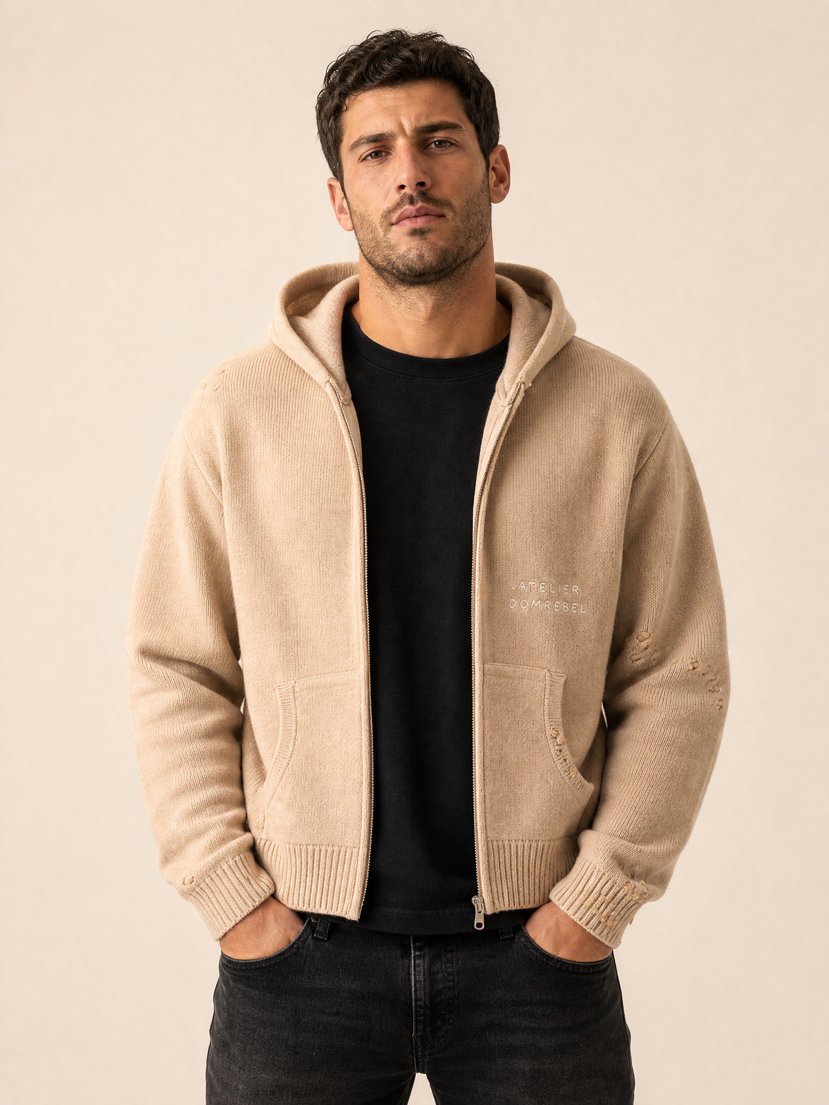 NIGHTCRAWLER KNIT HOODIE - DOM REBEL – BEIGE - Hero Front