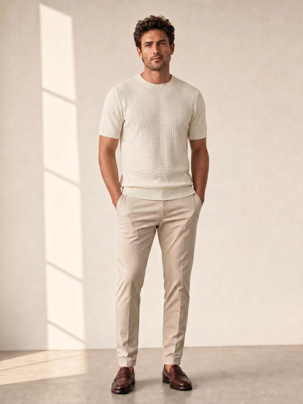 Gran Sasso Cotton Linen Brick T-Shirt – White - Full Front Model