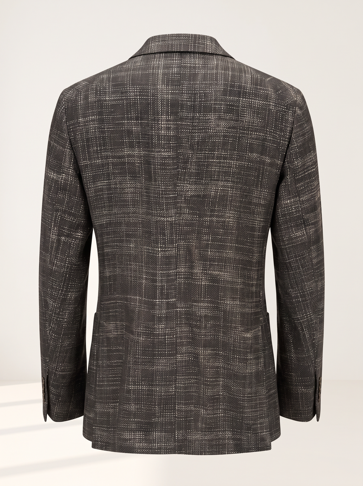 TEXTURED PRINCE OF WALES DOUBLE-BREASTED BLAZER – CHARCOAL - Ghost Mannequin Back