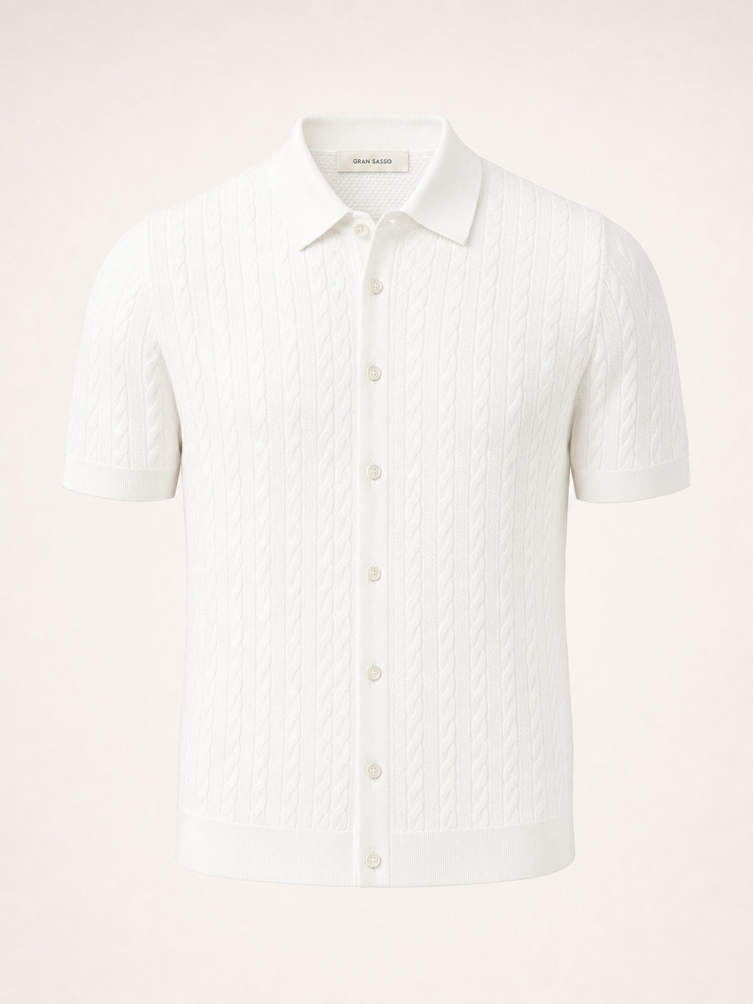 Gran Sasso Cotton Cable Knit Full-Button Polo – White - Ghost Front