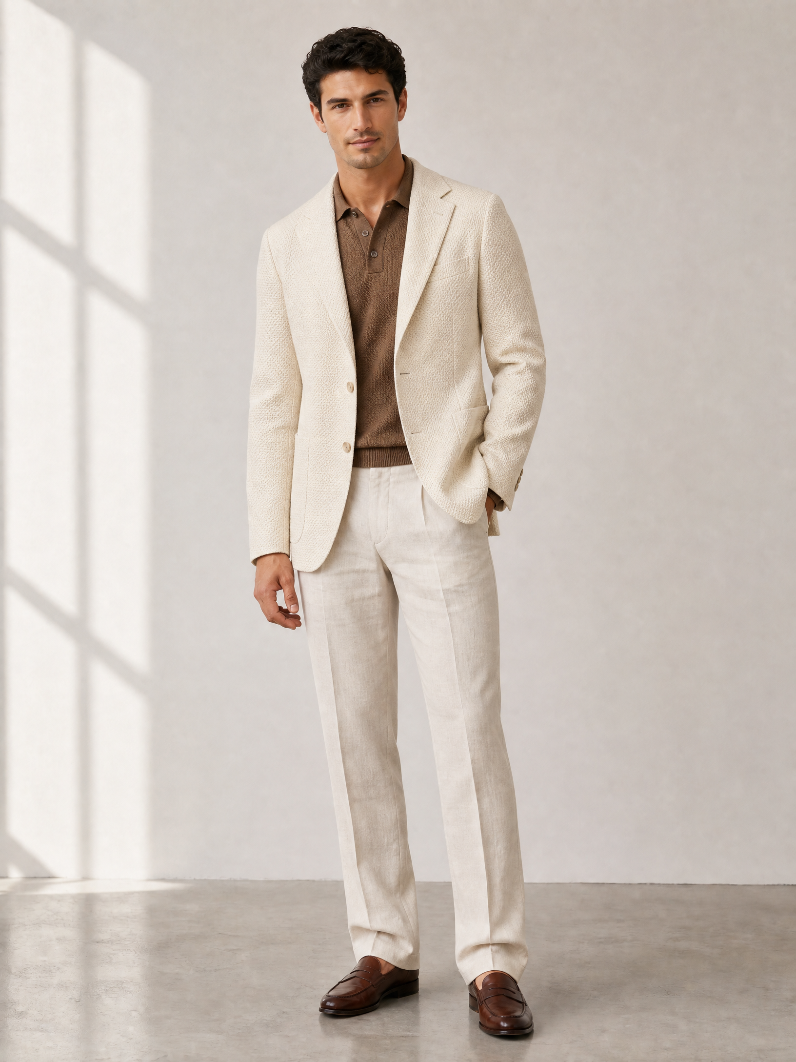 SAND Knit Polo – BROWN - Full Front Model
