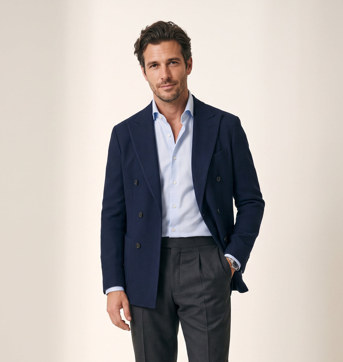 Gordon Textured Shirt – SAND – LIGHT BLUE - Hero Front
