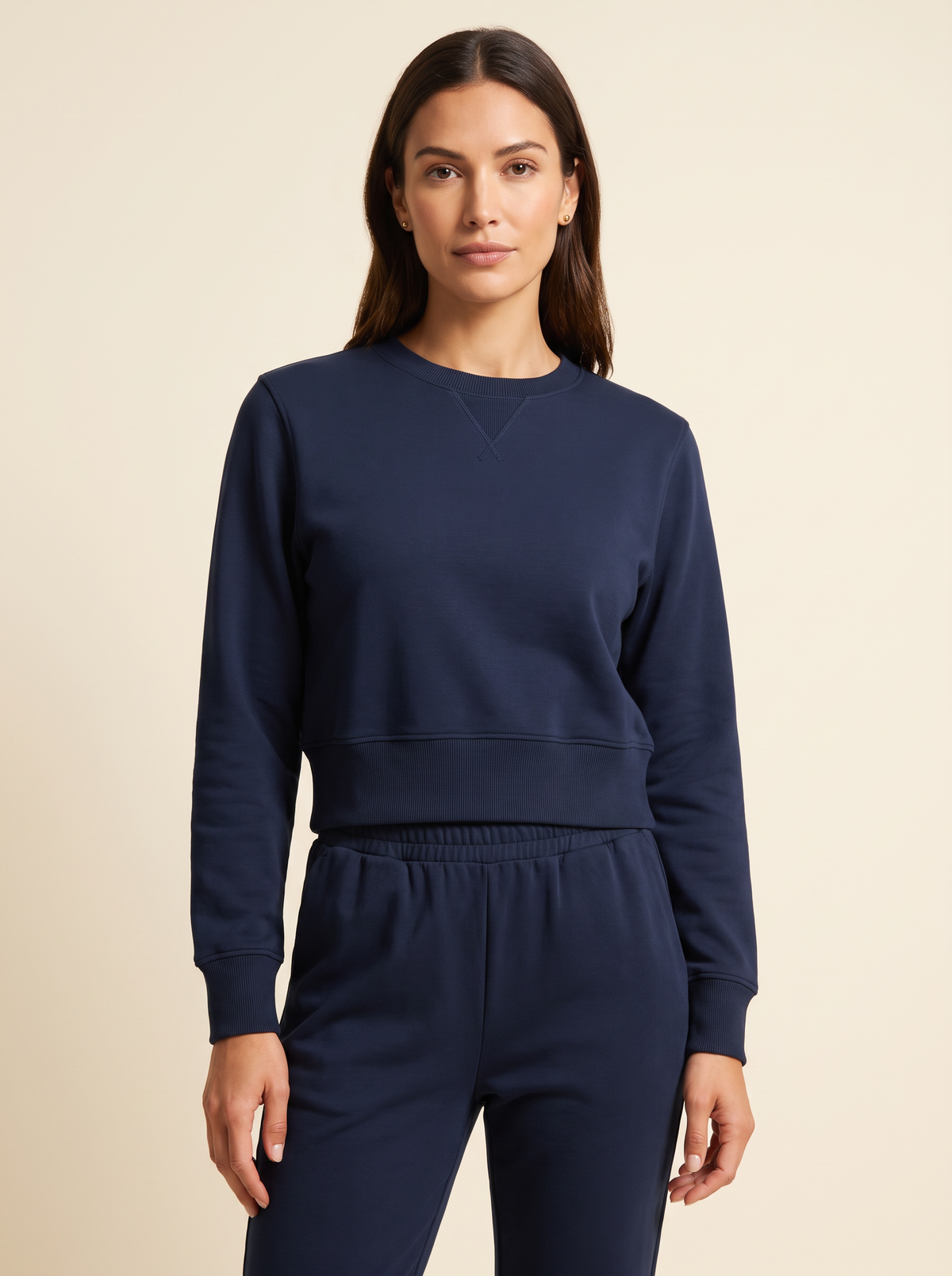 Brushed Pima Cotton Cropped Sweatshirt – DARK NAVY - Hero Front