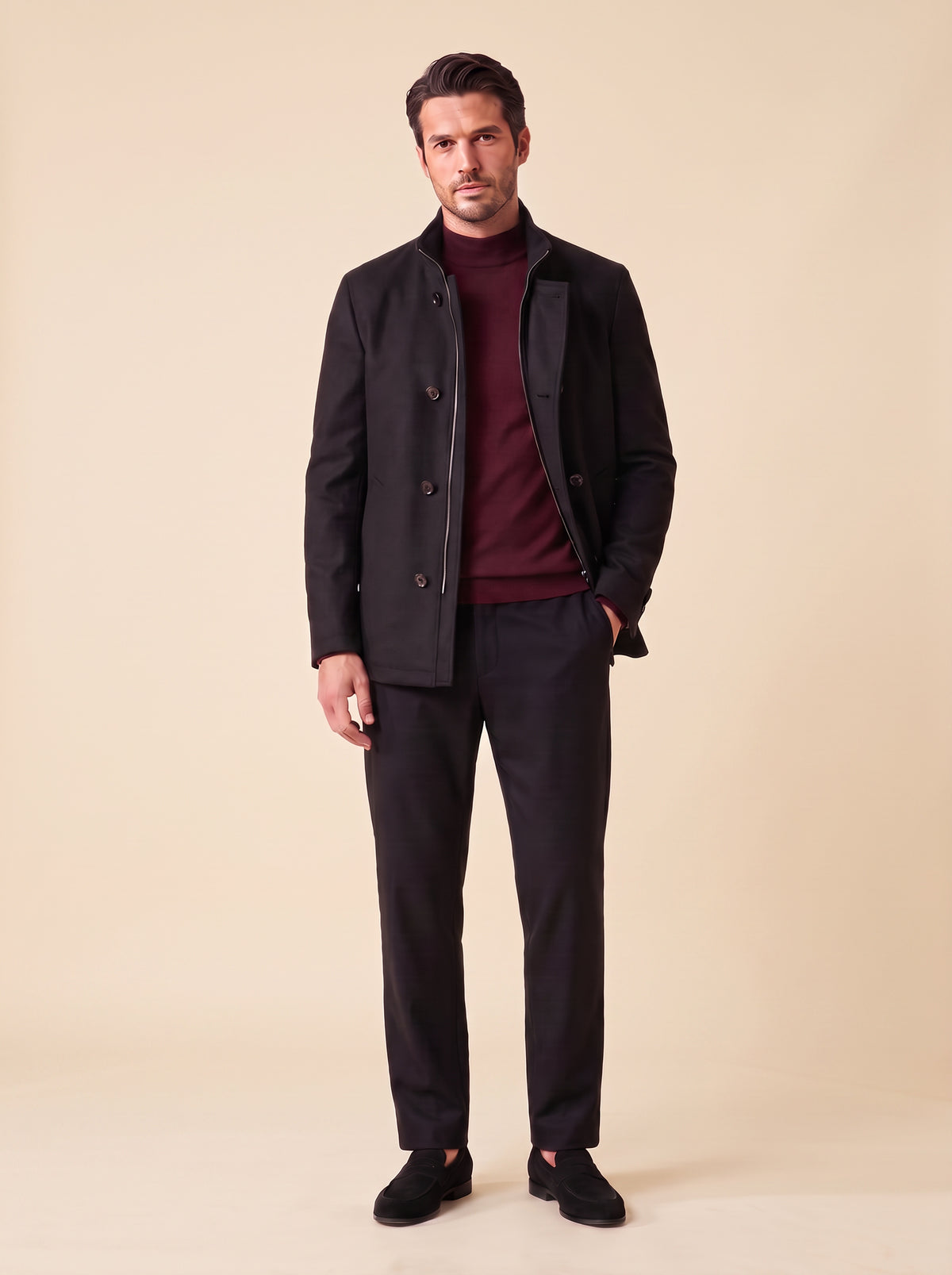 FRADI Kyran Stand-Collar Coat – BLACK - Full Body Front