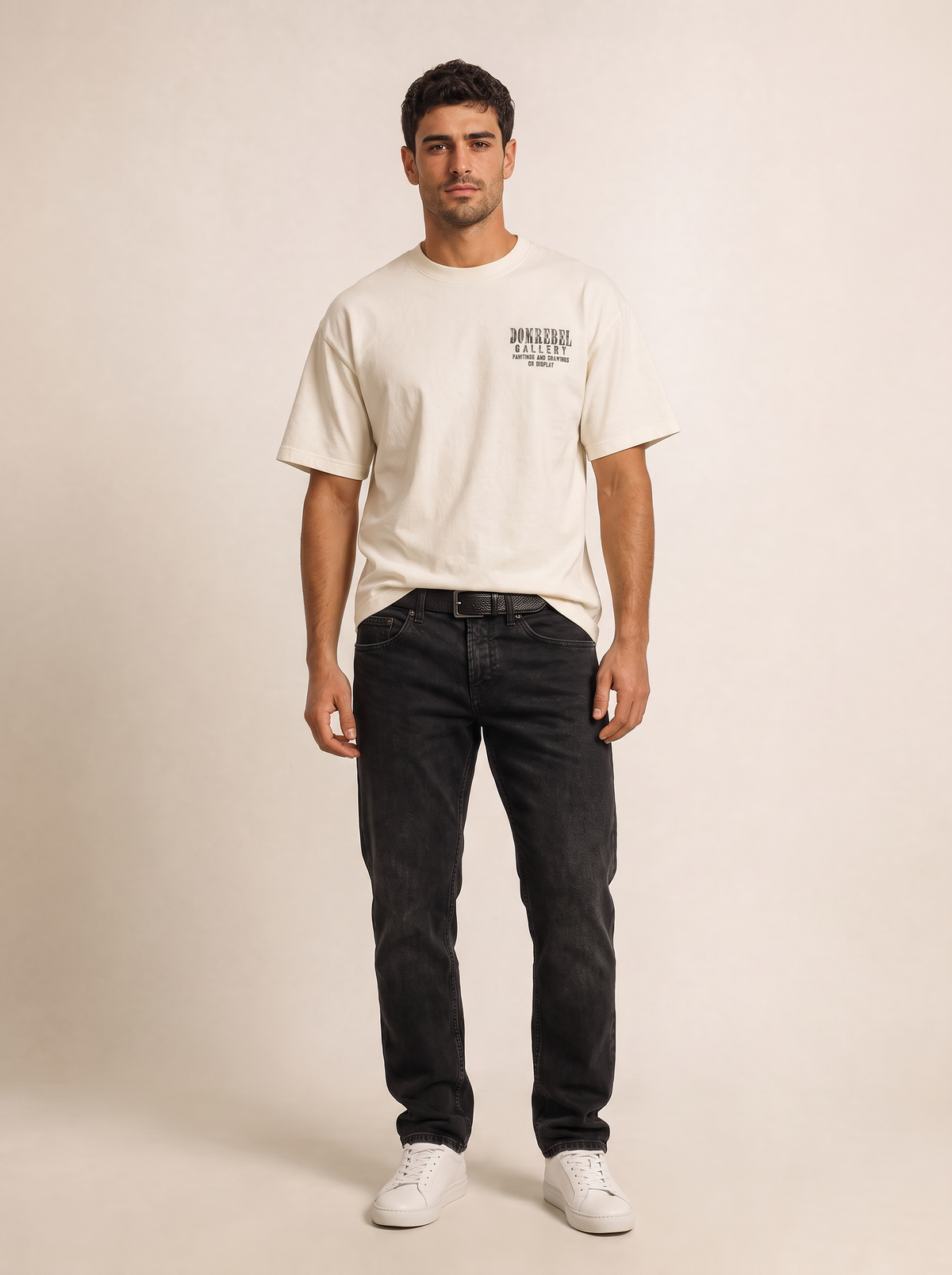 GALLERY T-SHIRT - DOM REBEL – OLD WHITE - Full Front Model