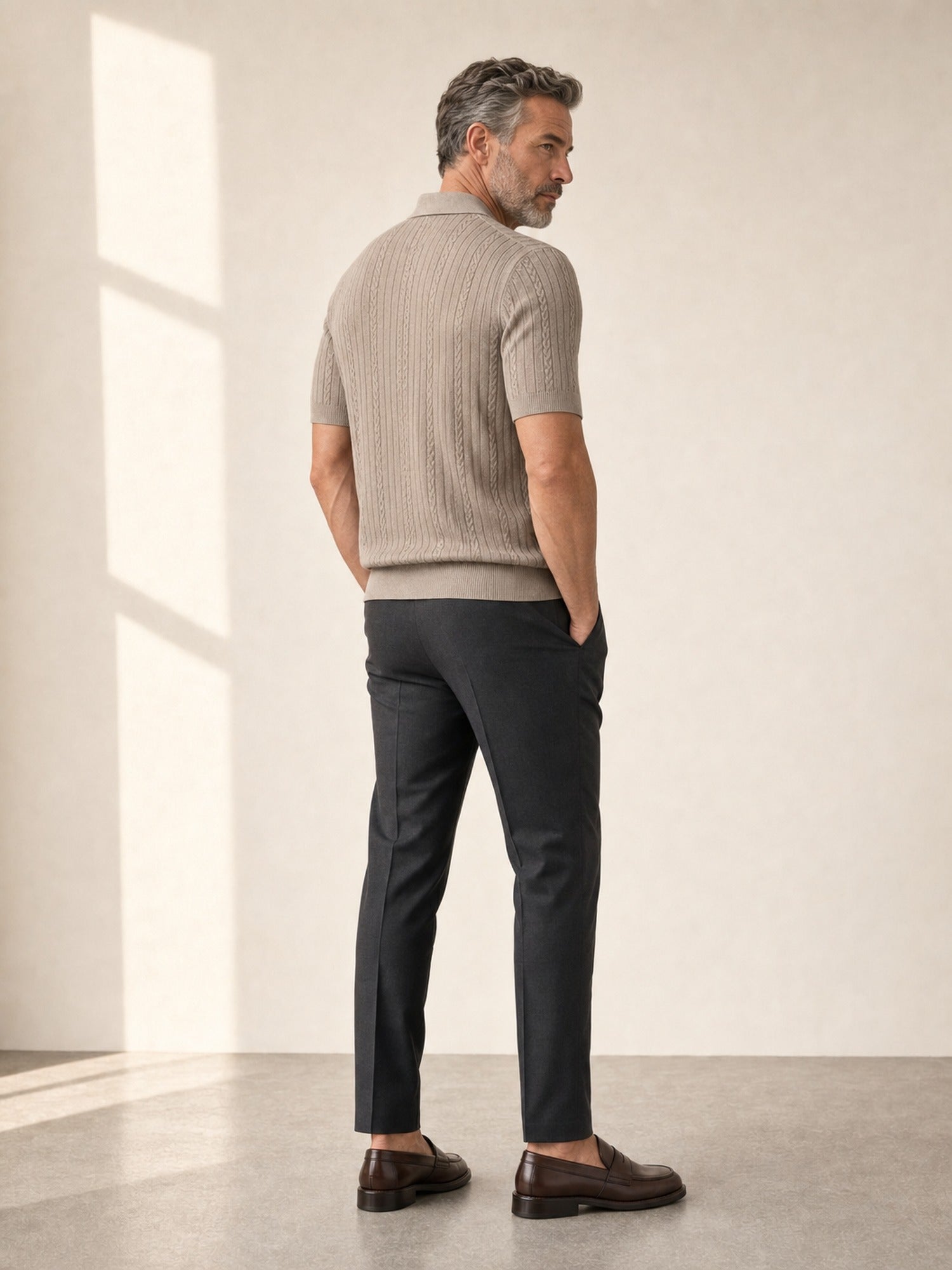Gran Sasso Cotton Cable Knit Full-Button Polo – Mushroom - Full Body Back