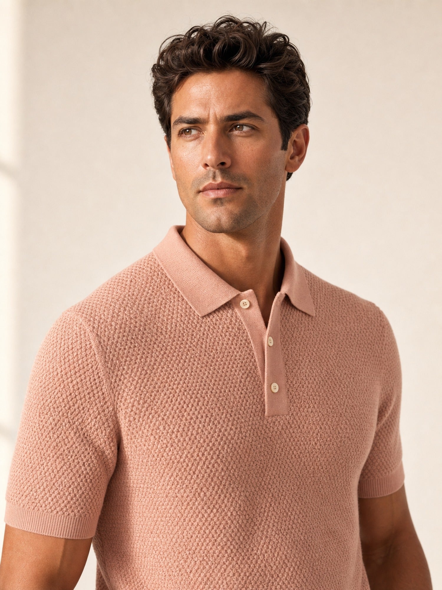 Gran Sasso Egyptian Cotton Popcorn Knit Polo – Salmon - Portrait Crop