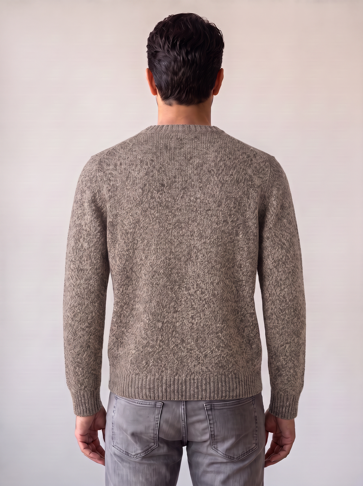 FERRANTE ROYAL RED WOOL-CASHMERE MELANGE CREWNECK – WARM BROWN GREY CREAM MELANGE - Mid-body Back
