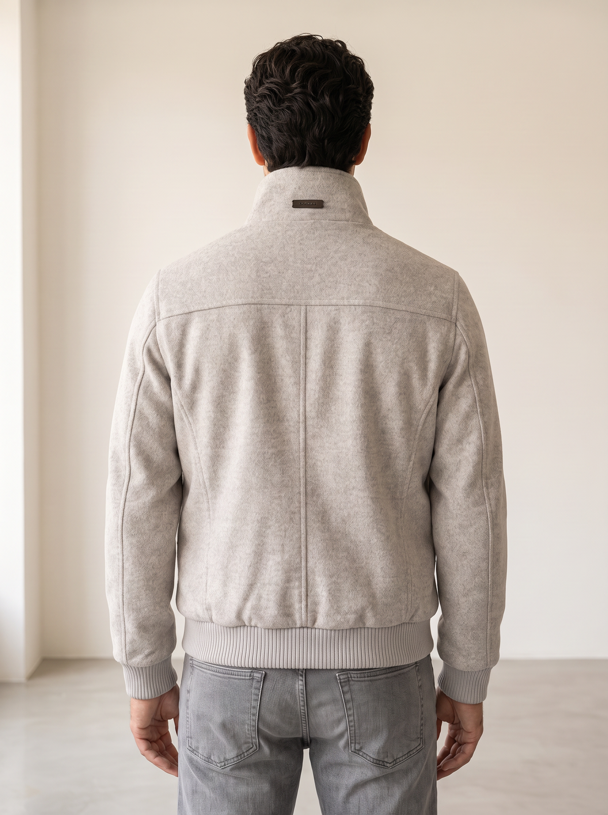 WOOL-BLEND BOMBER WITH DETACHABLE FAUX-FUR COLLAR – GREY - Mid-body Back