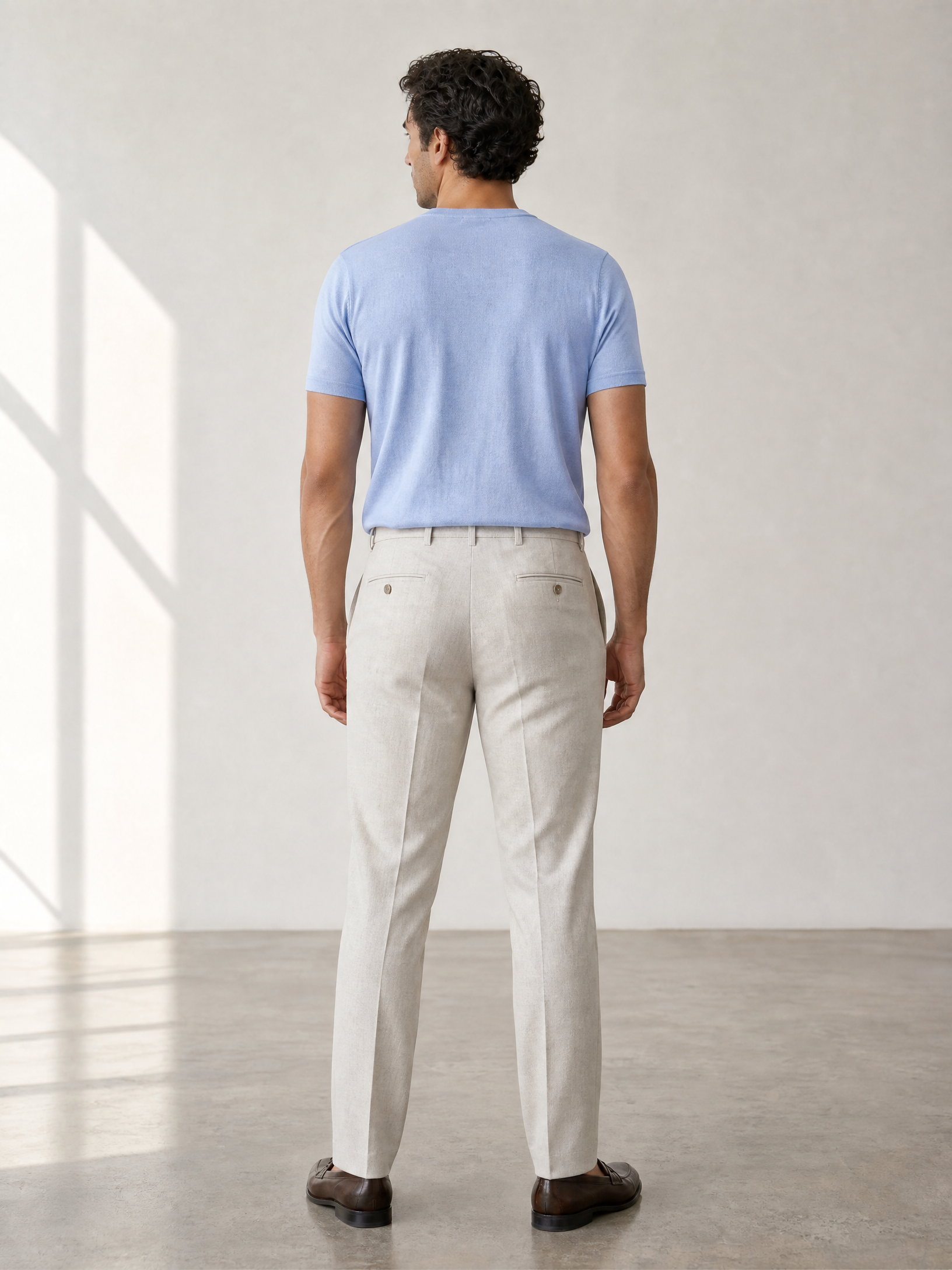 SAND Linen Crewneck T-Shirt – SKY - Full Back Model