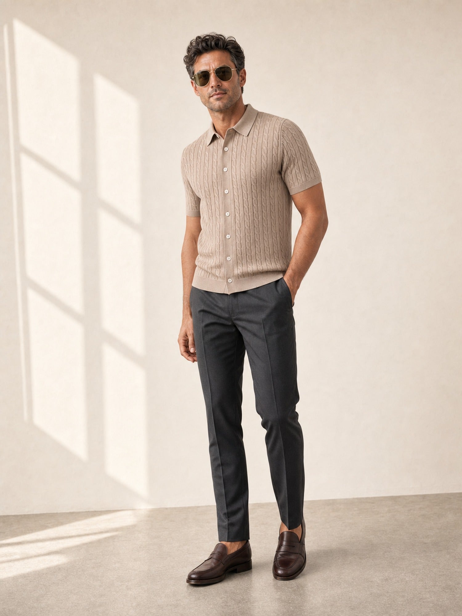 Gran Sasso Cotton Cable Knit Full-Button Polo – Mushroom - Hero Front